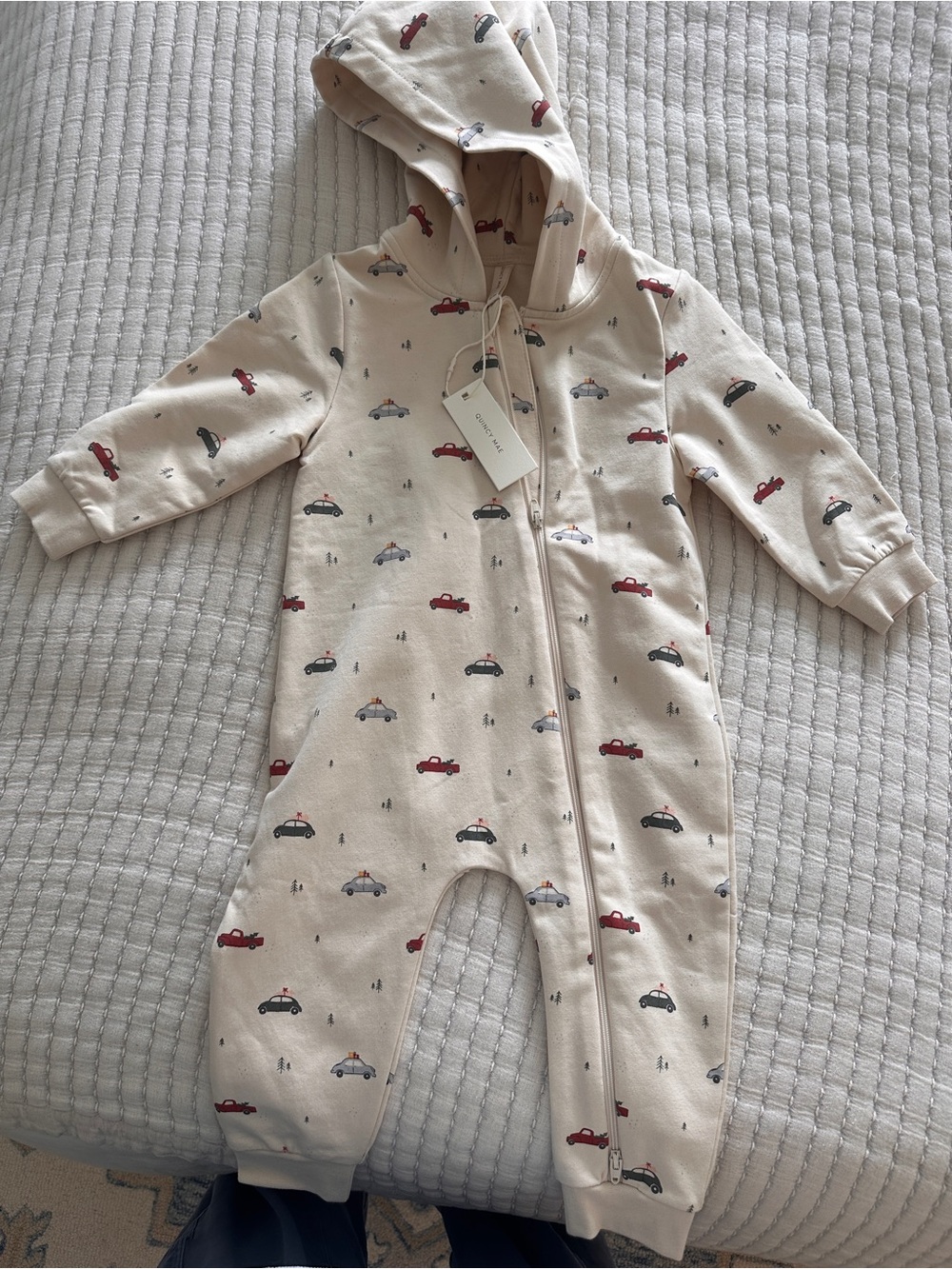 Quincy Mae Cream Hooded Baby One-Piece with Red and Gray Car Print